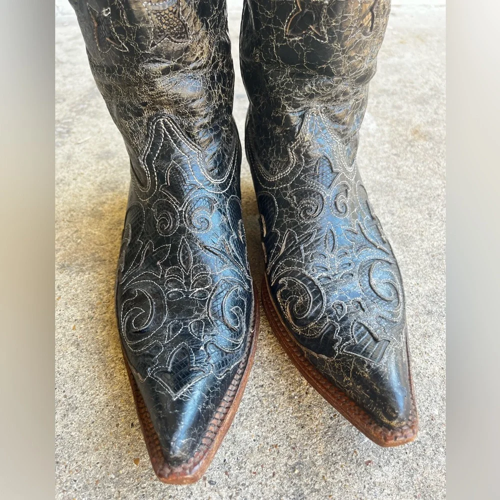 Corral Distressed Black Embroidered Heeled Boots - Picture 8 of 16